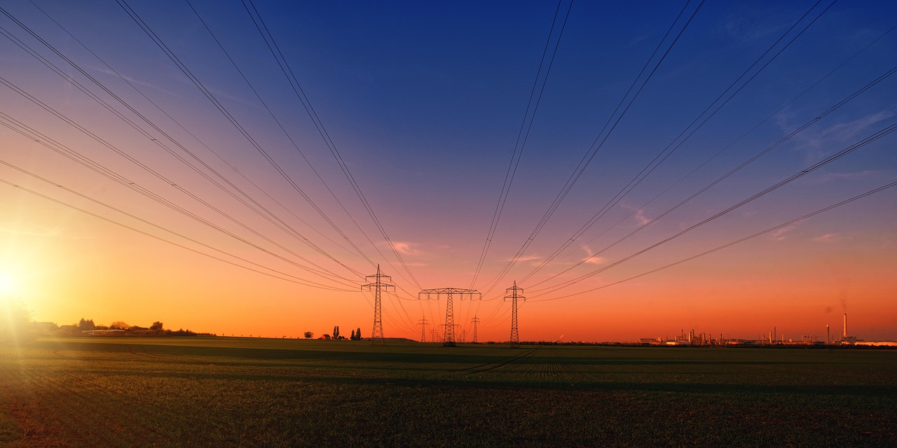 sunset, countryside, power lines, nature, power poles, high-voltage pylons, electricity pylons