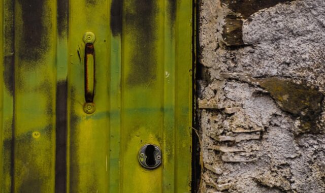 texture, old, weathered, structure, surface, wall, rough, grunge, stones, stone, cracked, rust, metal, door, green, handle, keyhole, corrugated, distress, rustic, aged, material, hard, iron