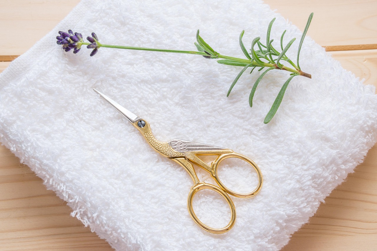 scissors, stork scissors, umbilical clamp, midwife, still life, lavender, towel, golden scissors, pair of scissors, scissors, midwife, midwife, midwife, midwife, midwife