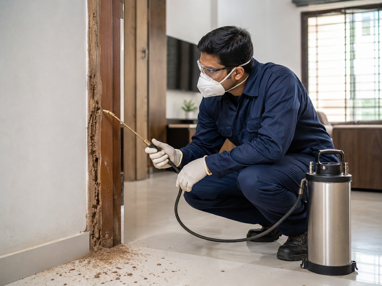 pest control, respiratory protection, exterminator, insecticide, safety training, concrete floor, industrial services, wooden frame, hard work, home environment, face covering, small space, surface cleaner, asian man, protective gloves, safety glasses, interior, spray nozzle, workwear, pest inspection