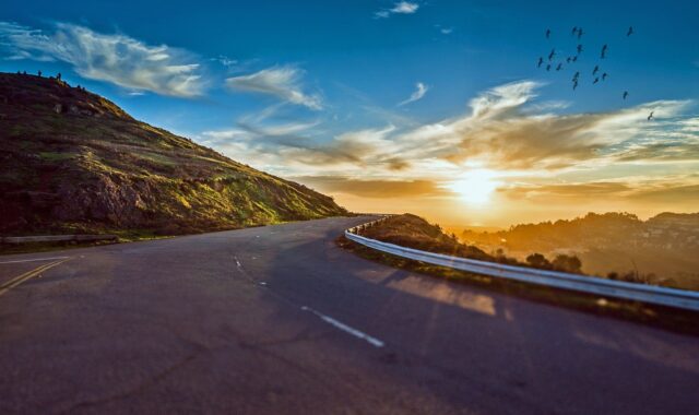 winding road, sunset, mountains, mountain landscape, street, avenue, pavement, asphalt, lane, sun, sky, road, travel, sunrise, landscape, nature, curve, trip, roadside, scenic, winding, rural, way, street, road, road, road, road, road, travel, sunrise