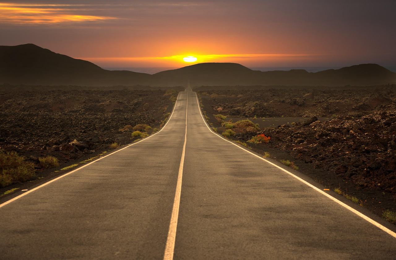 road, desert, sunset, highway, countryside, nature, sky, landscape, dusk