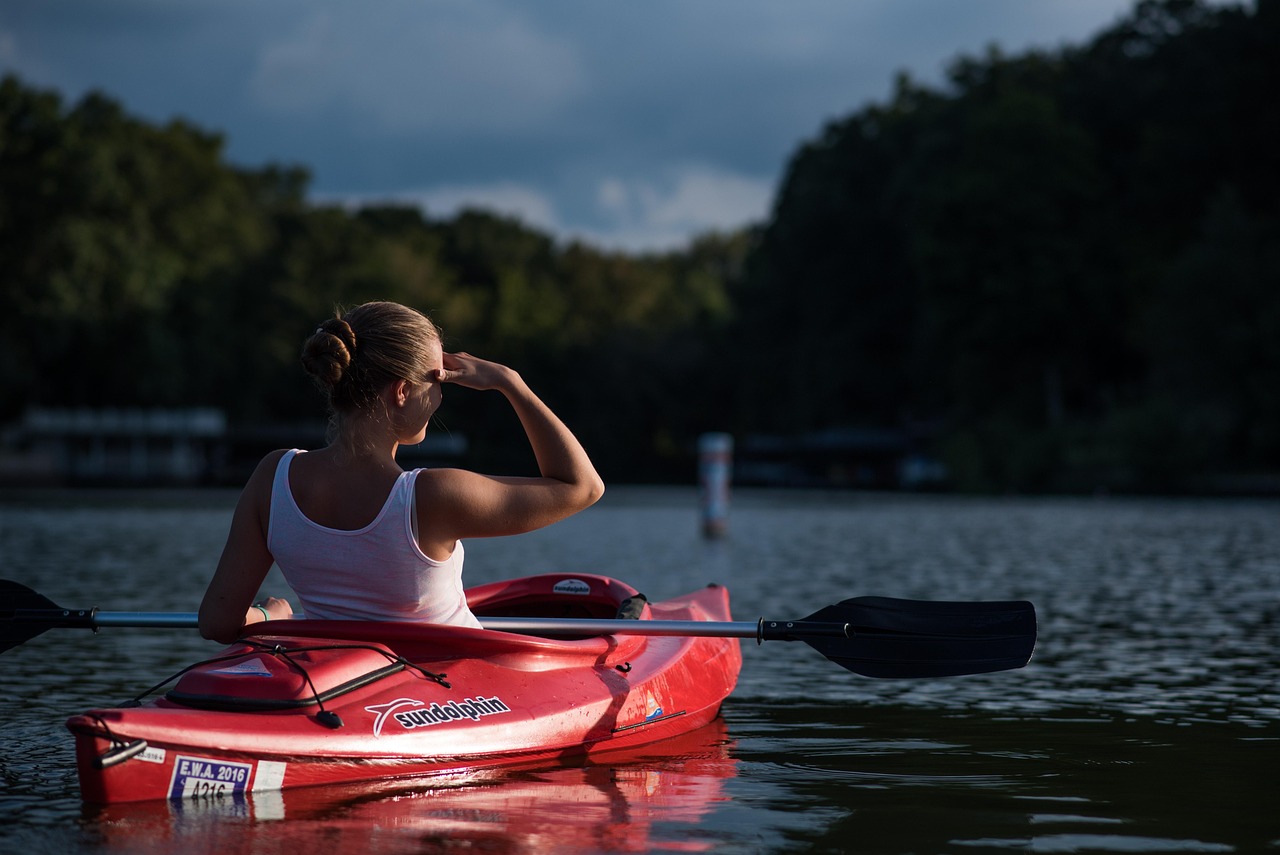 woman, kayaking, boat, canoe, canoeing, paddle, water sports, leisure, recreational activity, nature, lake, young woman, adventure, kayak, outdoors, water