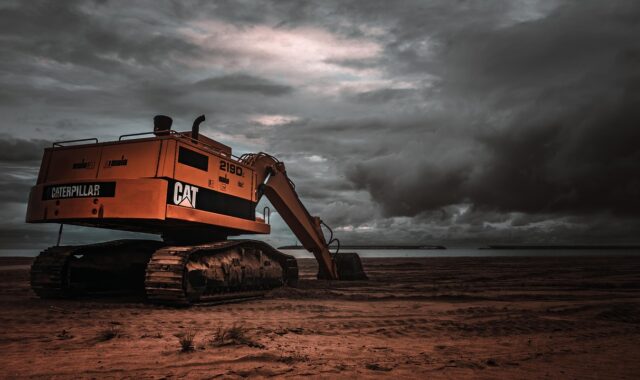 excavator, sand, beach, coast, shore, seashore, storm, thunderstorm, nature, gloomy, dark, heavy equipment, construction equipment